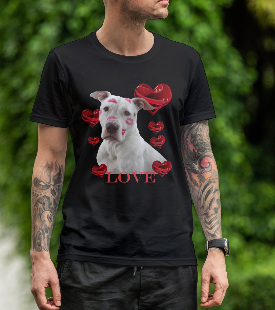 Dog With Lipstick Marks And Love Surrounded By Red Hearts T-Shirt