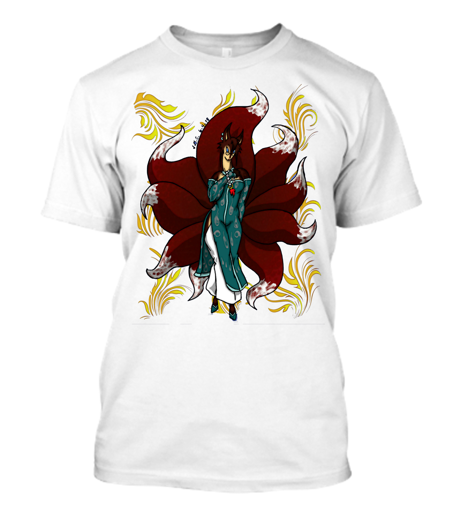 Kitsune Ren Nine-Tailed Fox Spirit With Red Tails And Blue Kimono T-Shirt