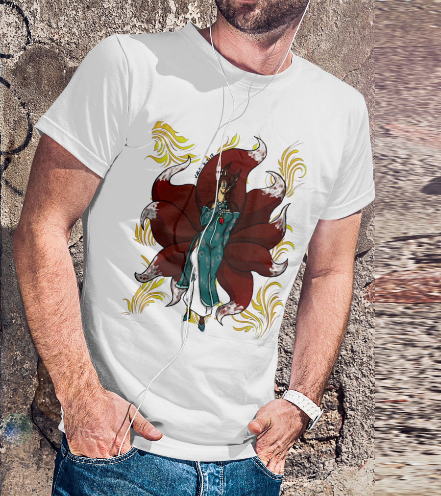 Kitsune Ren Nine-Tailed Fox Spirit With Red Tails And Blue Kimono T-Shirt