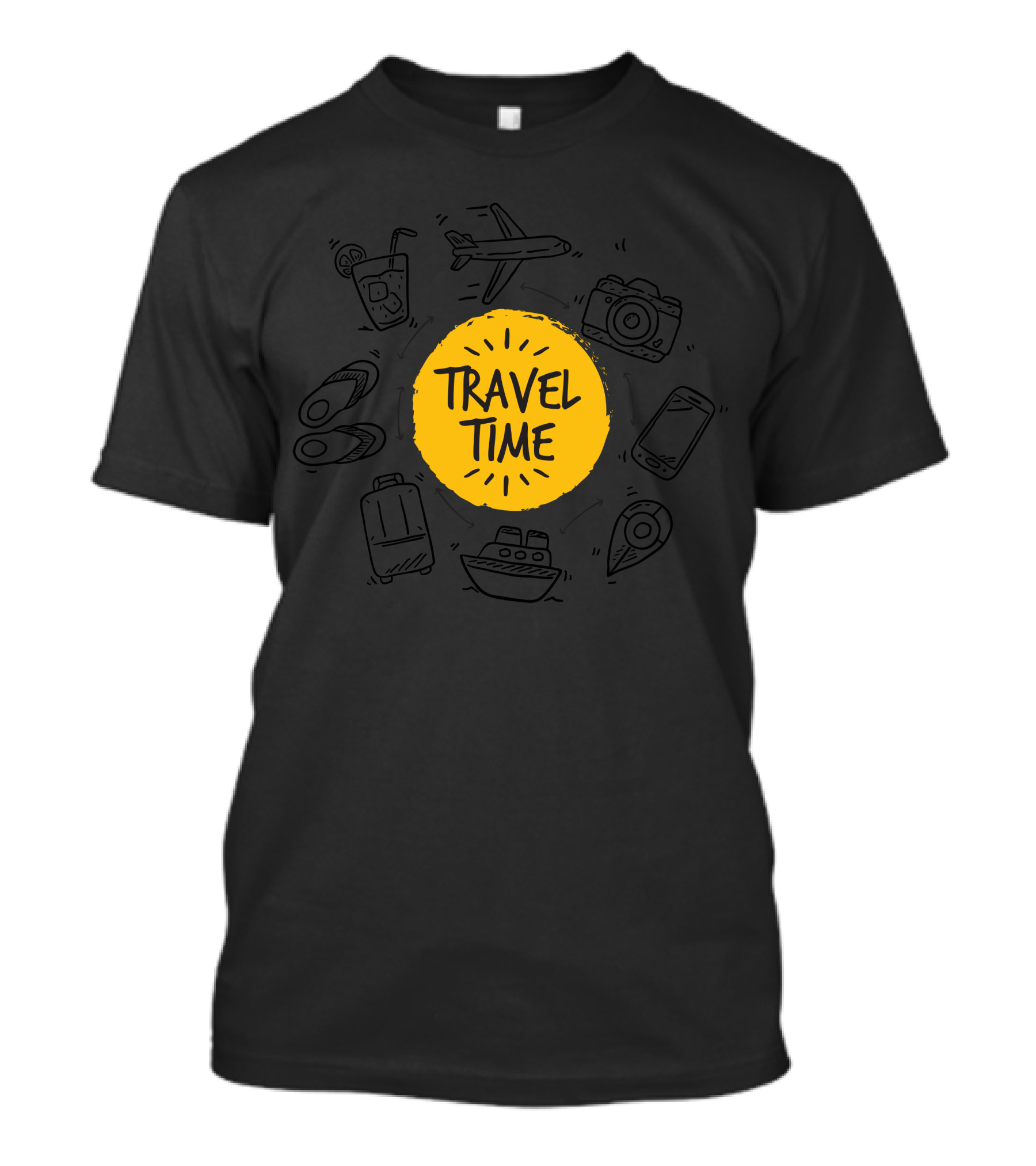 Travel Time Adventure Icons Airplane Camera Ship Suitcase Drink Phone Location Flip Flops T-Shirt
