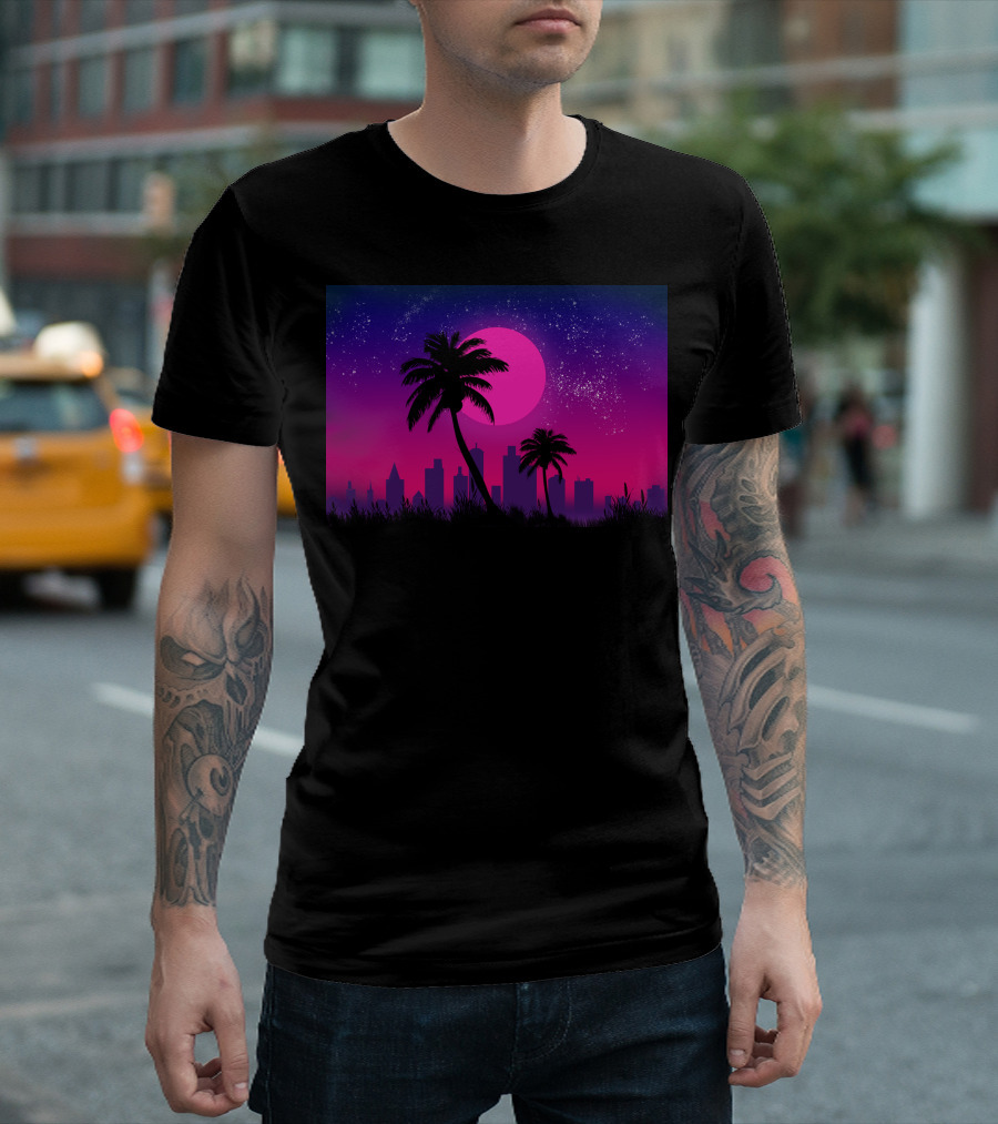 Retro Palm Cityscape Under Neon Starry Sky T-Shirt