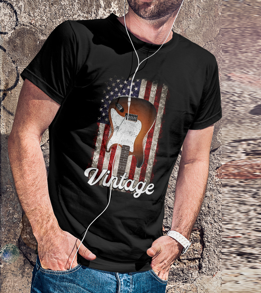 American Flag Vintage Electric Guitar T-Shirt