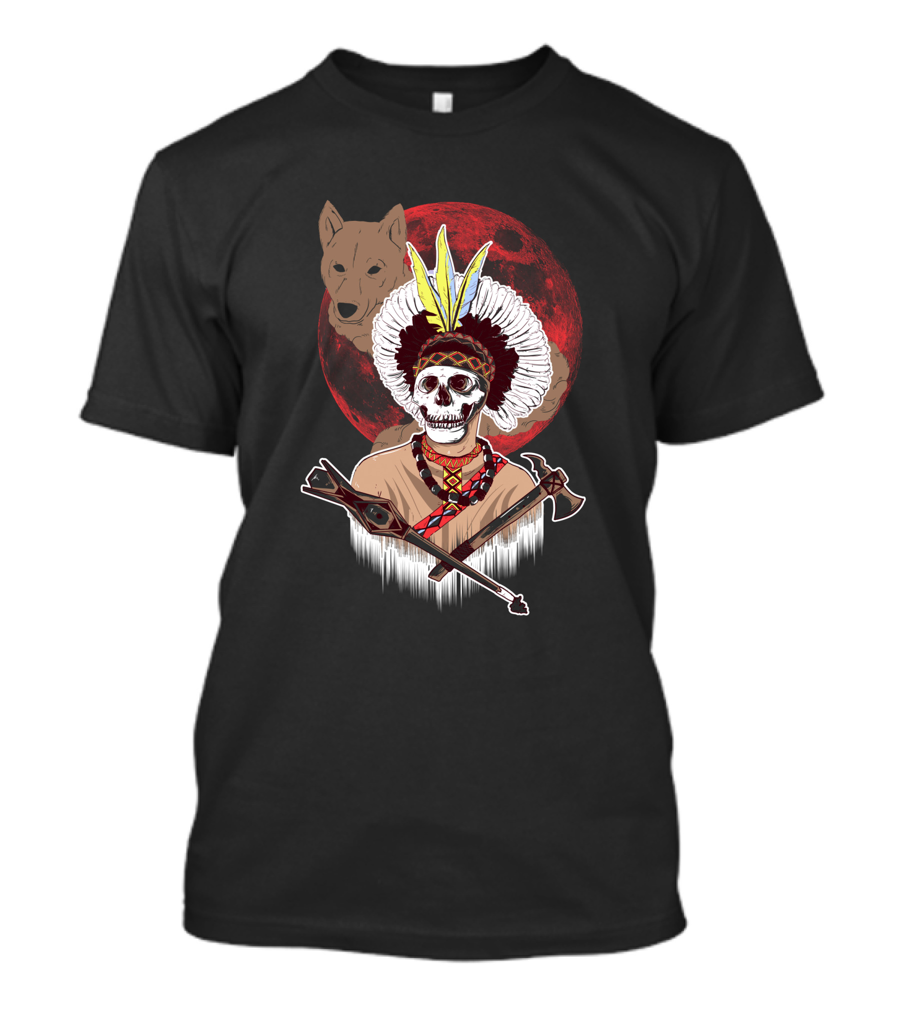 Apache Warrior Skull With Wolf And Red Moon T-Shirt