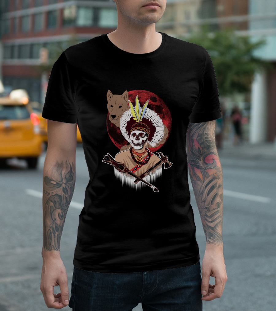 Apache Warrior Skull With Wolf And Red Moon T-Shirt