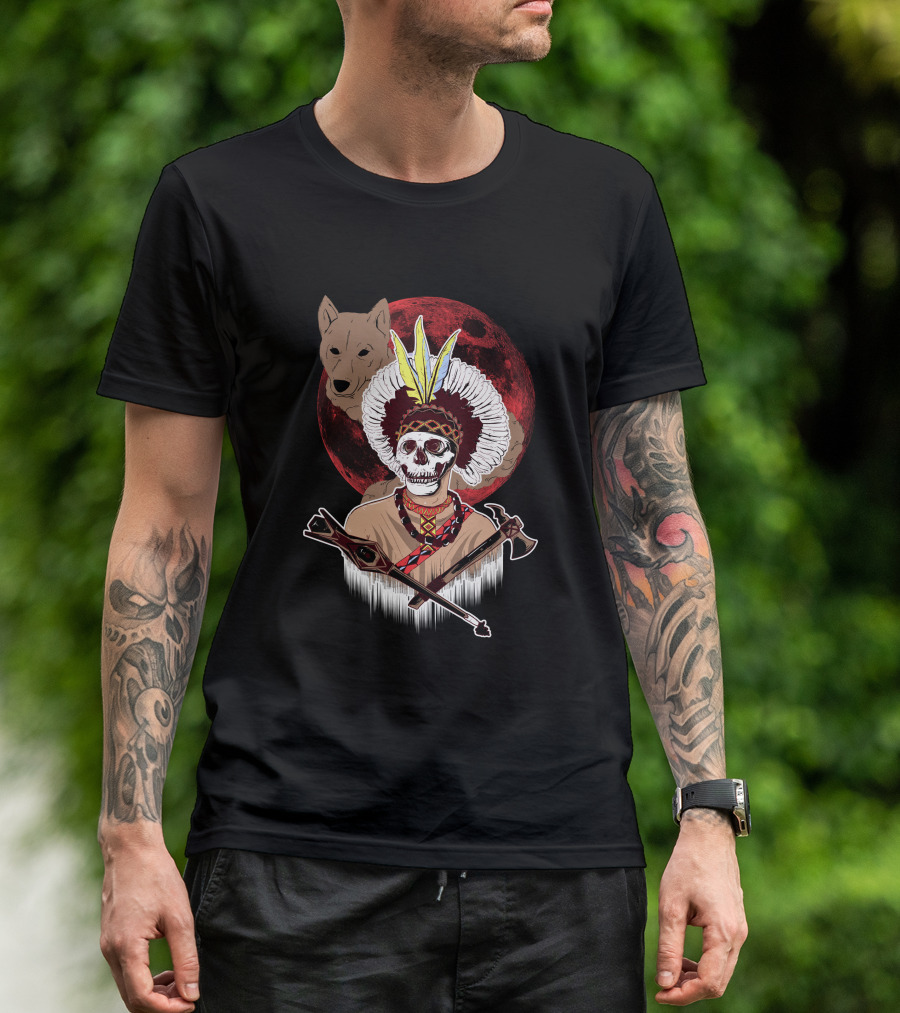 Apache Warrior Skull With Wolf And Red Moon T-Shirt