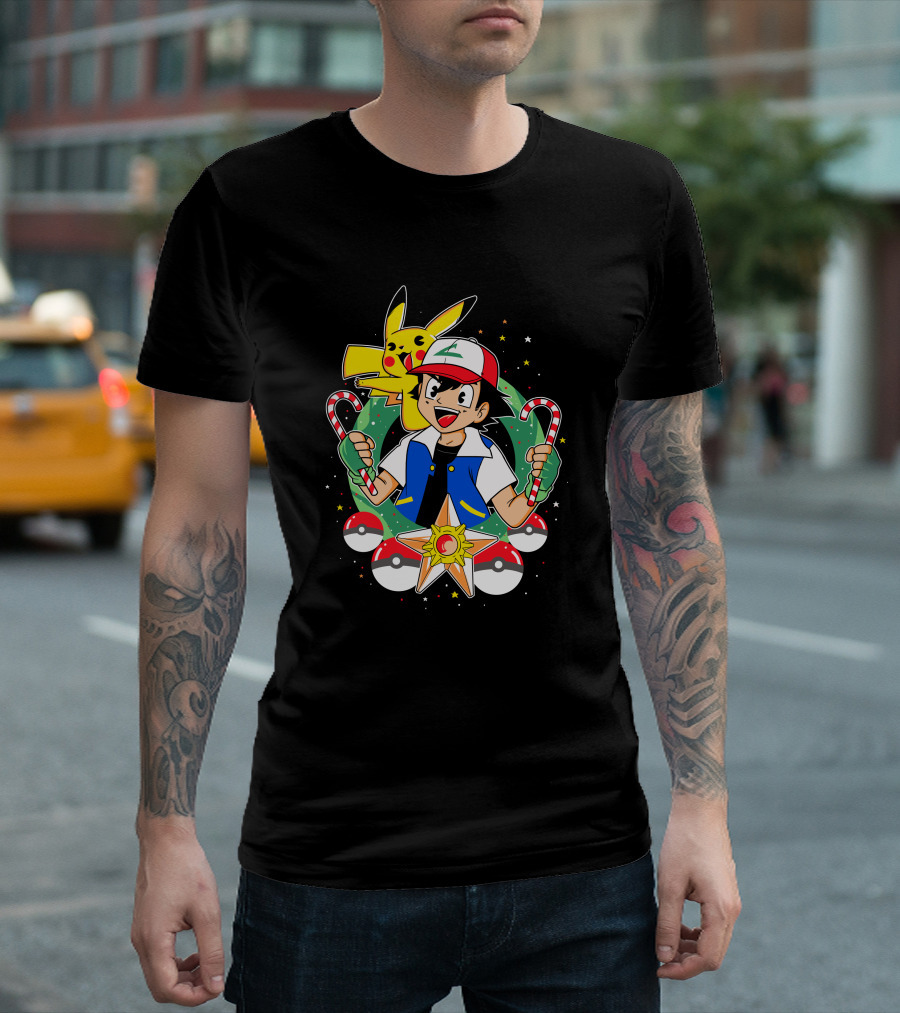 Pokemon Ash and Pikachu Holiday Celebration with Pokeballs and Candy Canes T-Shirt