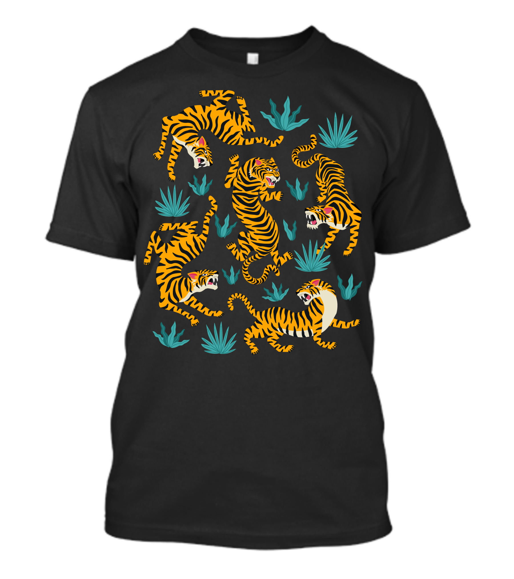 Asian Tigers Vibrant Jungle Scene With Bold Tiger Illustrations And Foliage Elements T-Shirt
