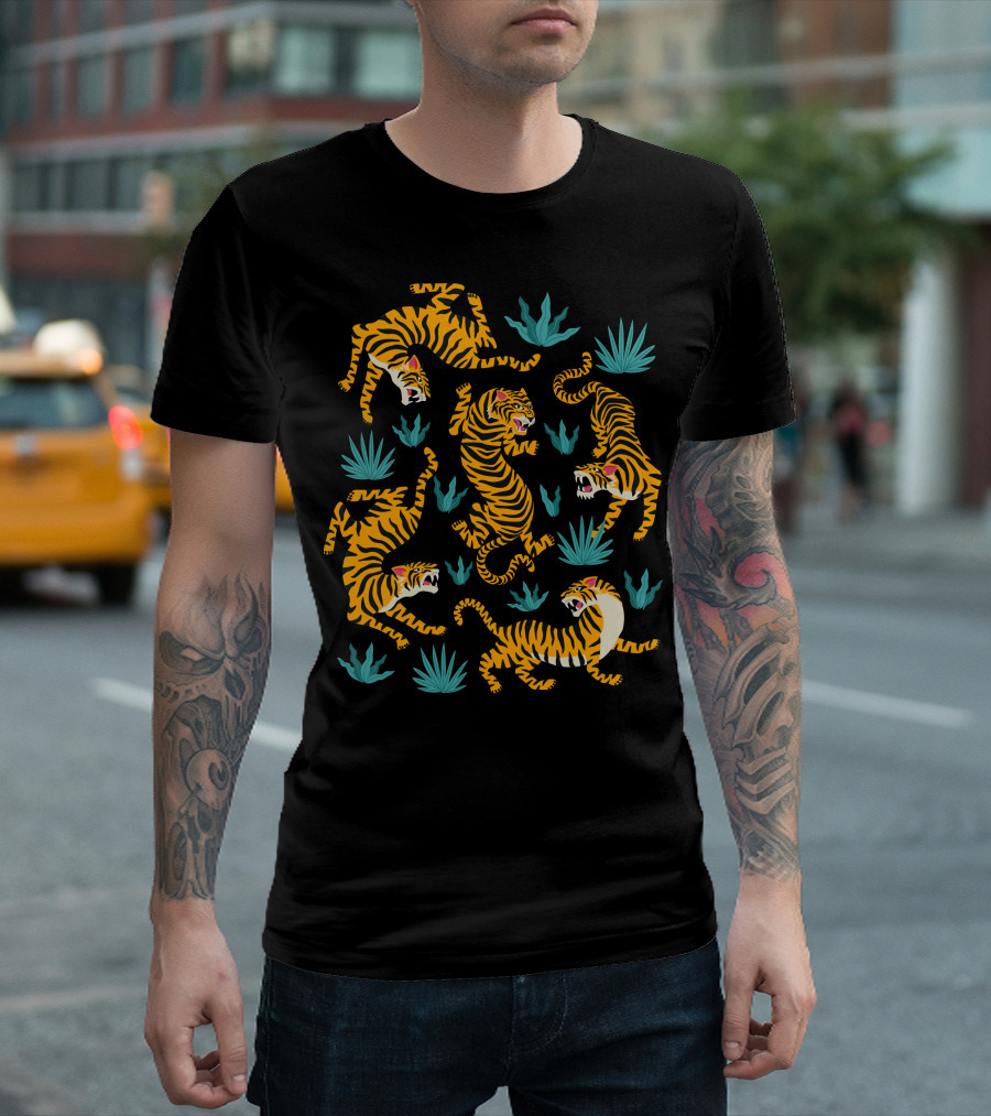 Asian Tigers Vibrant Jungle Scene With Bold Tiger Illustrations And Foliage Elements T-Shirt