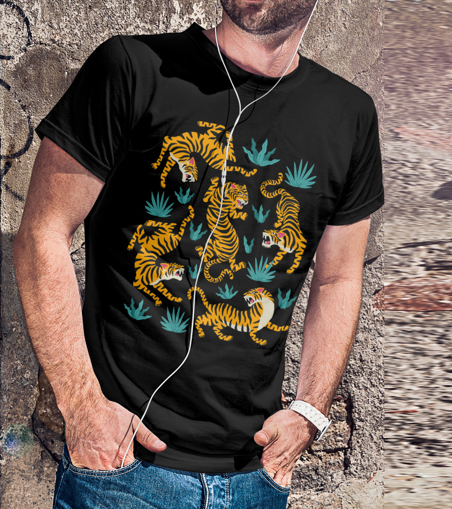 Asian Tigers Vibrant Jungle Scene With Bold Tiger Illustrations And Foliage Elements T-Shirt