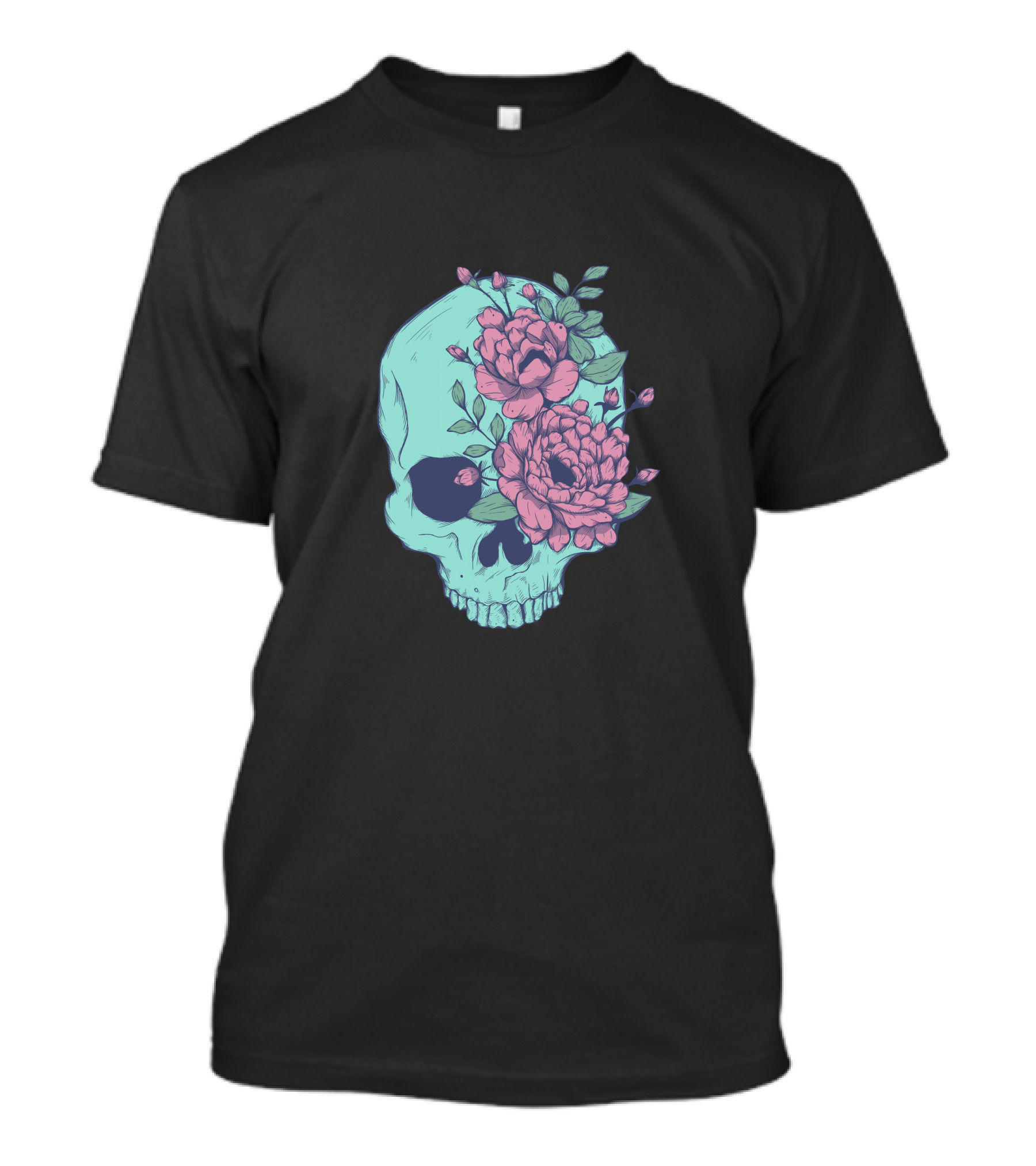 Blue Skull With Pink Flowers And Green Leaves T-Shirt