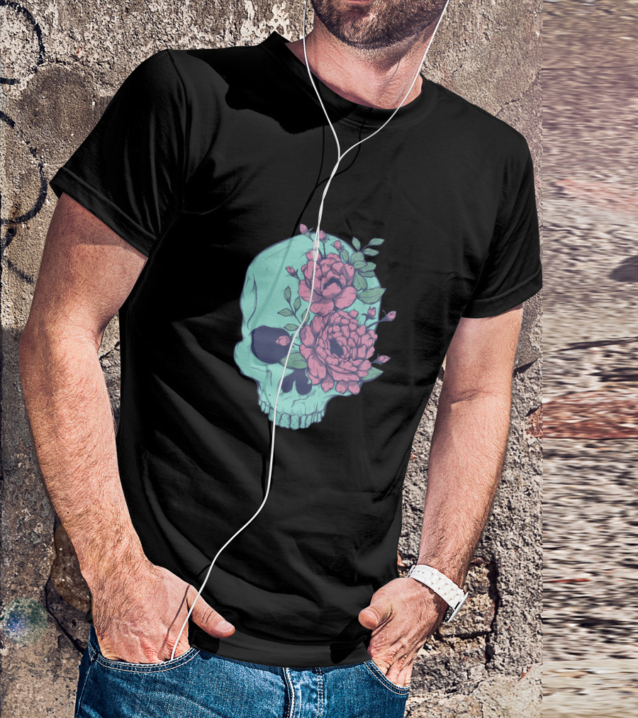 Blue Skull With Pink Flowers And Green Leaves T-Shirt
