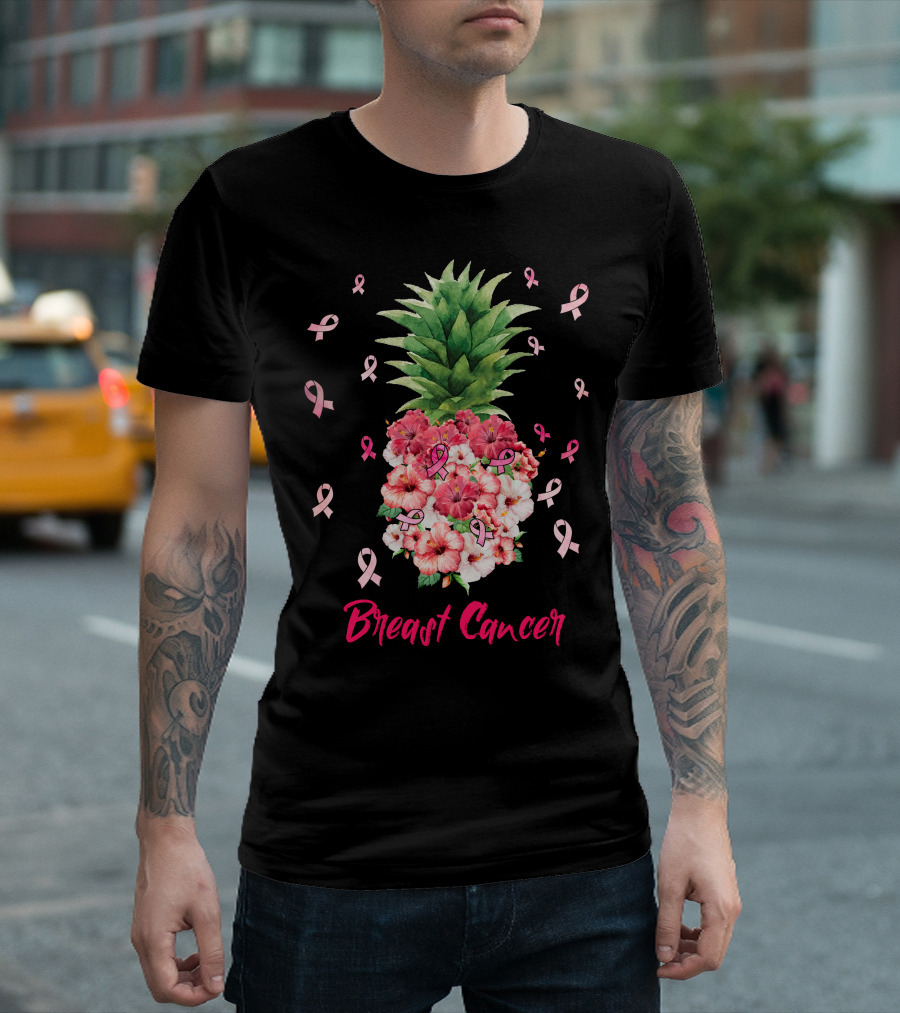Breast Cancer Pink Ribbon Floral Pineapple Awareness T-Shirt