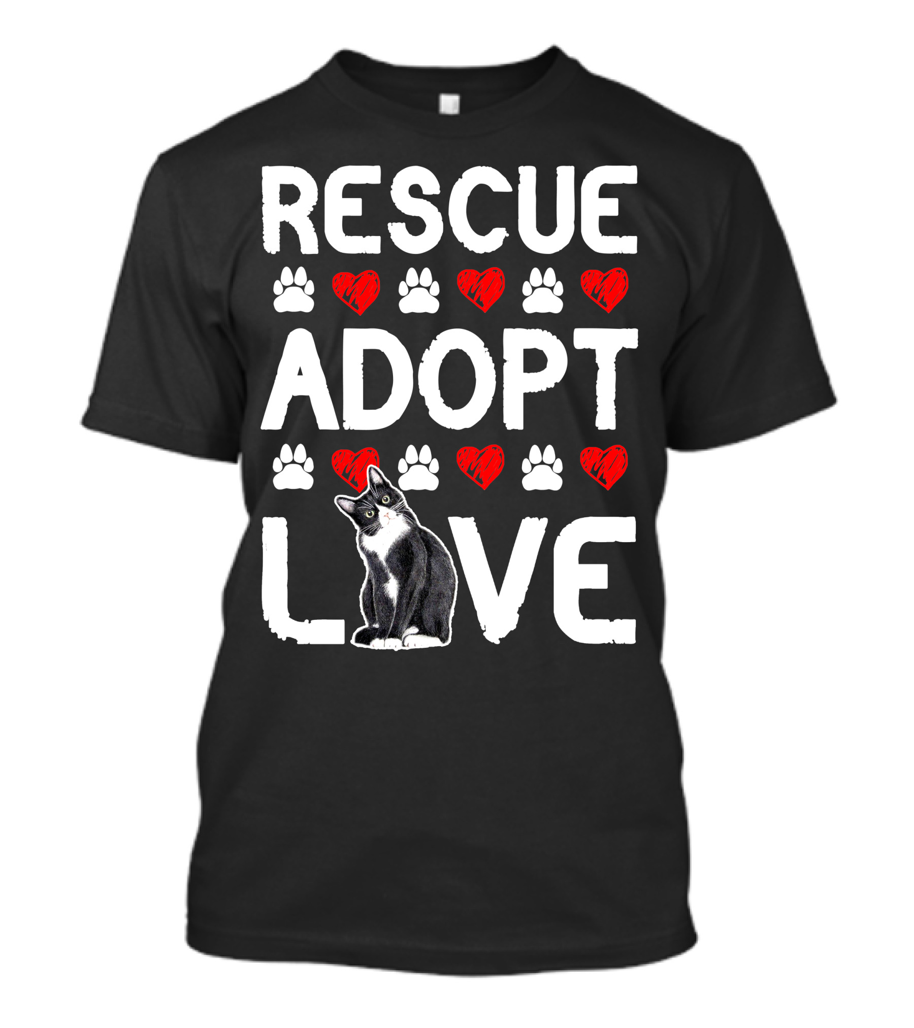 RESCUE ADOPT LOVE Cat With Paw Prints And Hearts T-Shirt