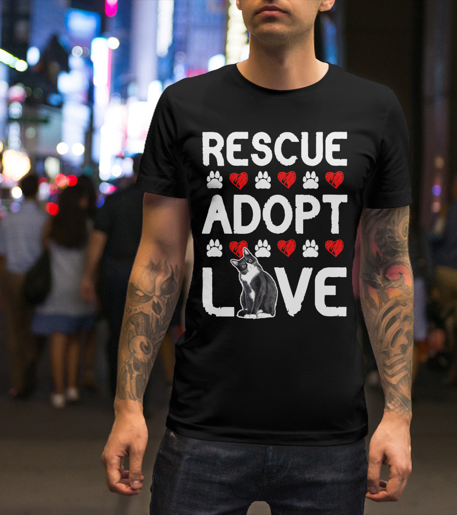 RESCUE ADOPT LOVE Cat With Paw Prints And Hearts T-Shirt