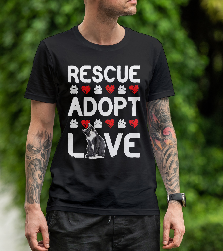 RESCUE ADOPT LOVE Cat With Paw Prints And Hearts T-Shirt