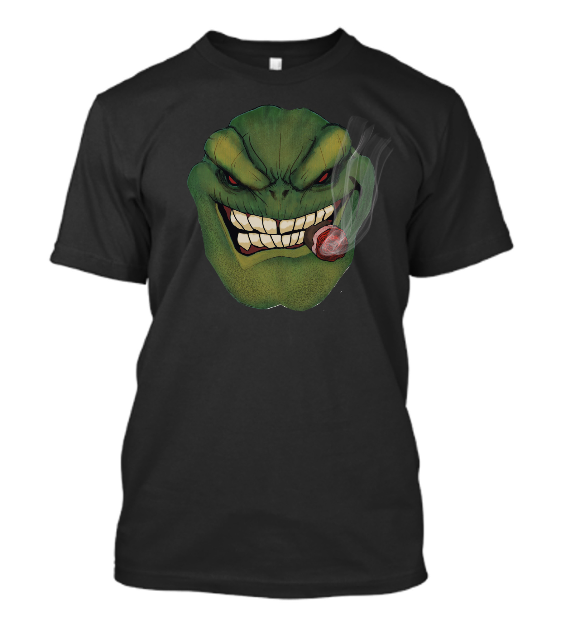 Green Monster Grinning With Cigar Smoking Face T-Shirt