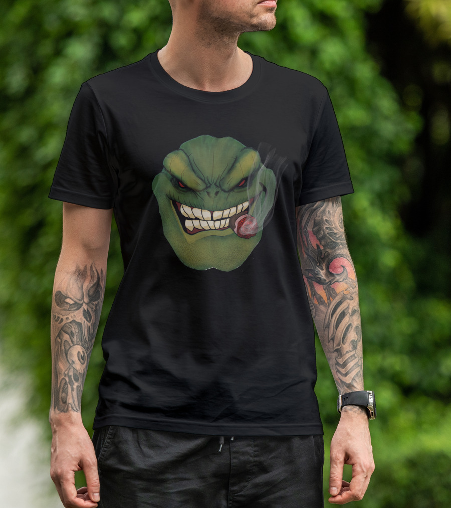 Green Monster Grinning With Cigar Smoking Face T-Shirt