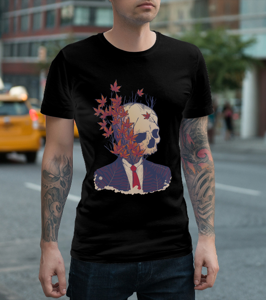 Fall Guy Skeleton In Suit With Autumn Leaves T-Shirt