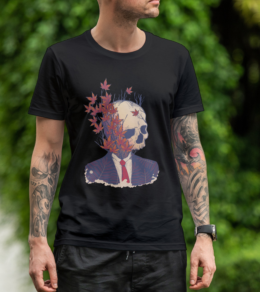 Fall Guy Skeleton In Suit With Autumn Leaves T-Shirt