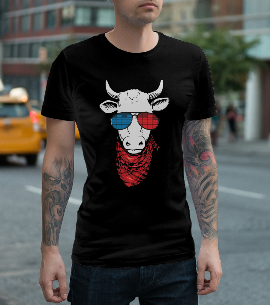 Funny Cow Heifer in 3D Glasses with Red Plaid Bandana T-Shirt