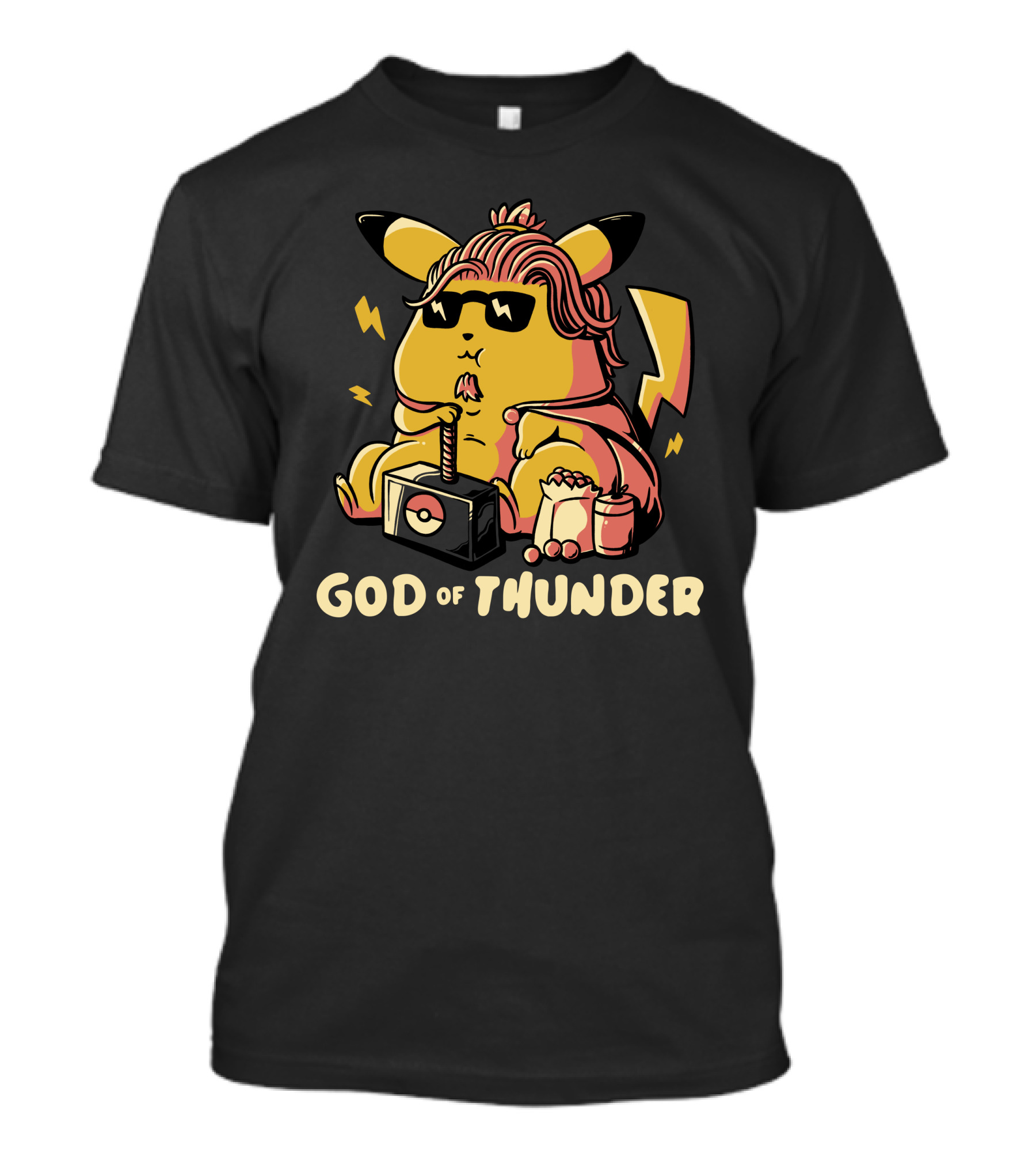 Pikachu God Of Thunder Mashup With Hammer And Snacks T-Shirt