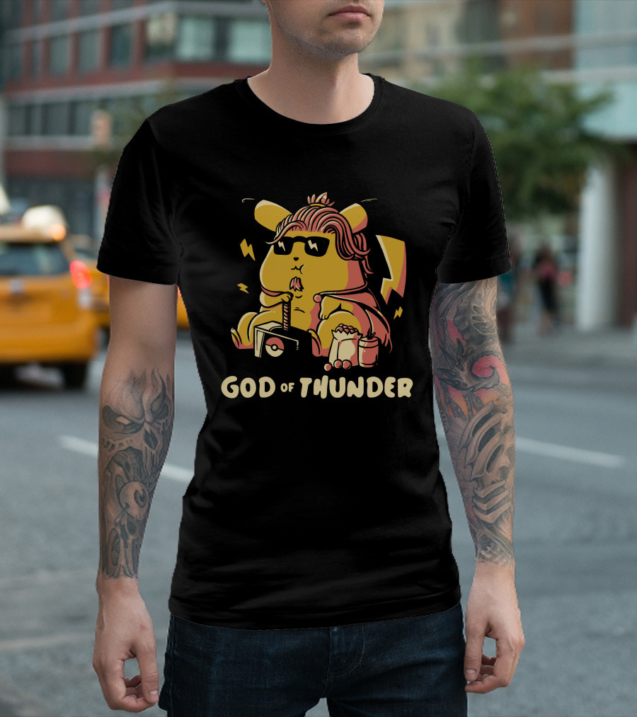 Pikachu God Of Thunder Mashup With Hammer And Snacks T-Shirt
