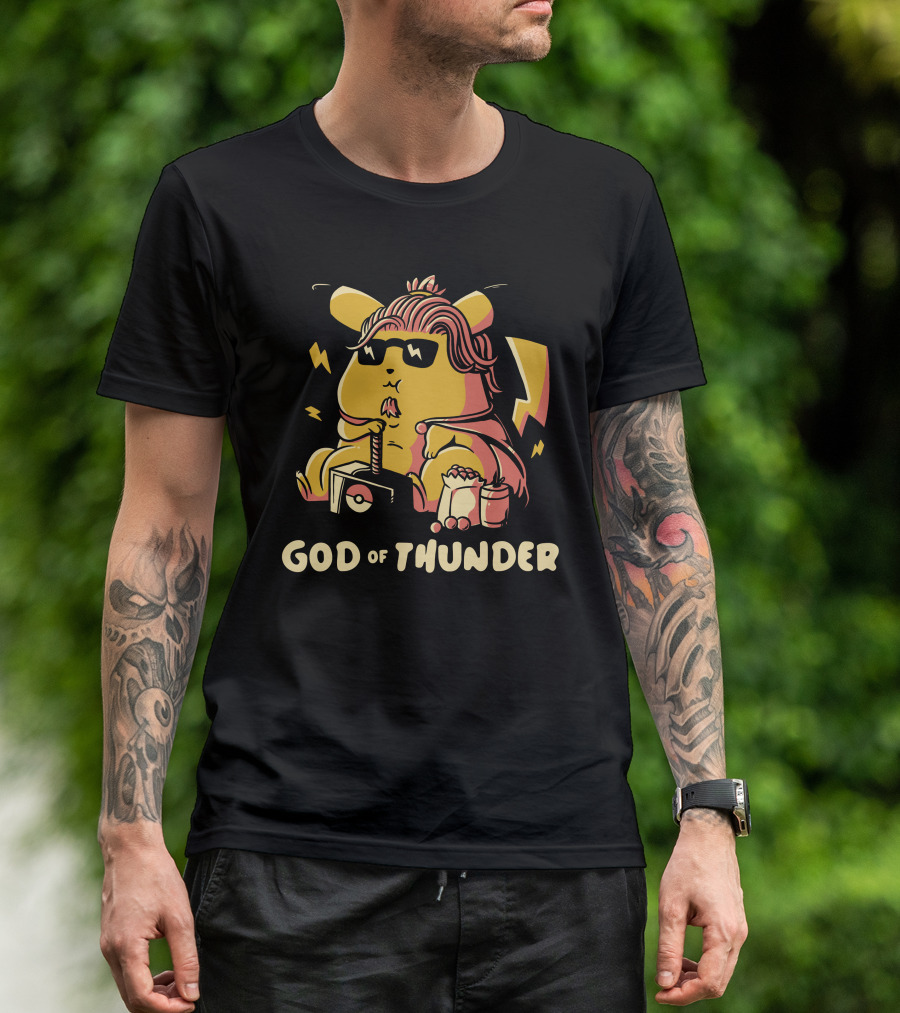 Pikachu God Of Thunder Mashup With Hammer And Snacks T-Shirt