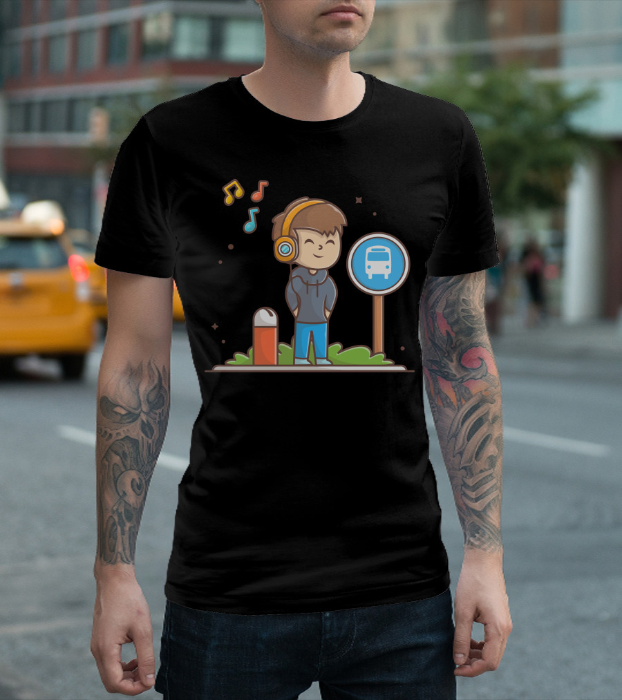 Happy Boy with Headphones Listening to Music at Bus Stop T-Shirt