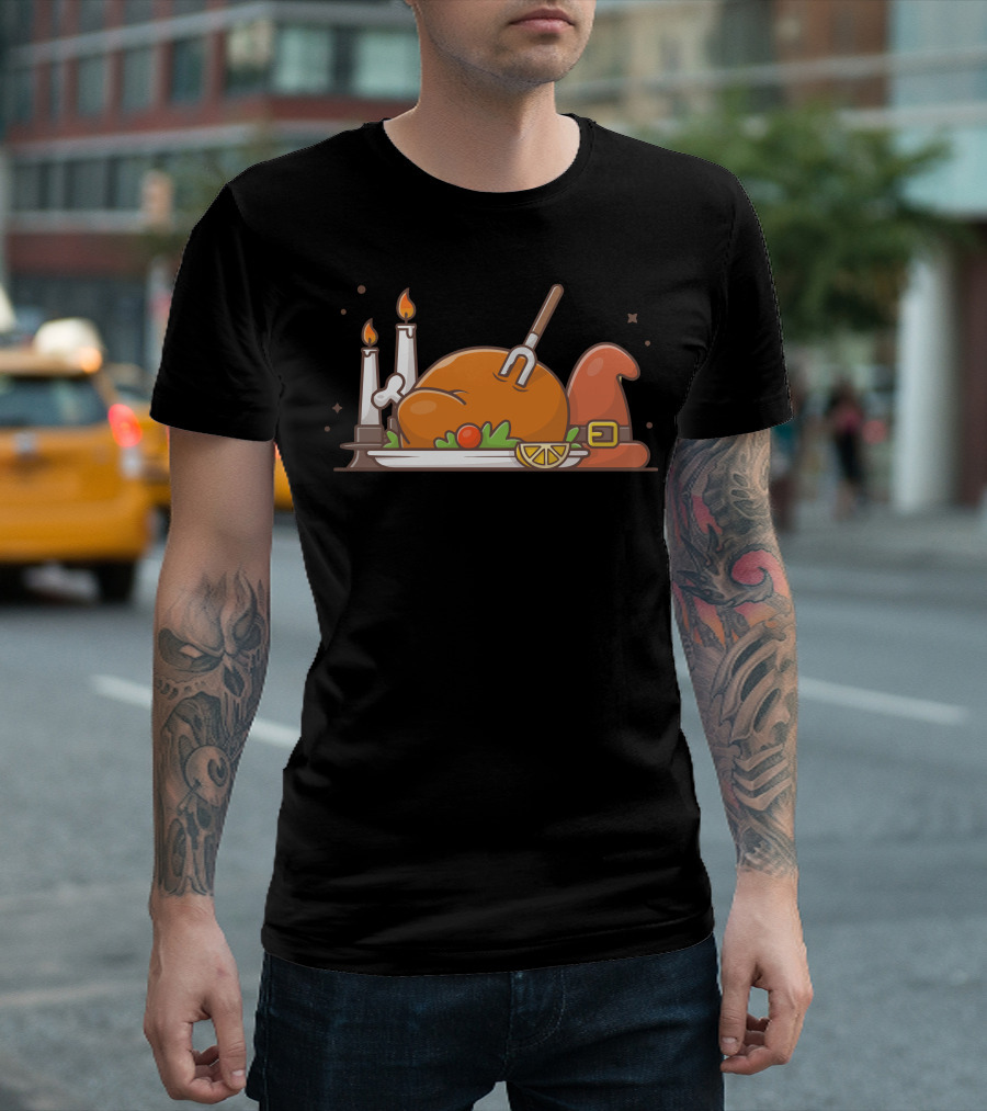 Happy Thanks Giving Day Turkey Feast with Pumpkin Candle and Witch Hat T-Shirt