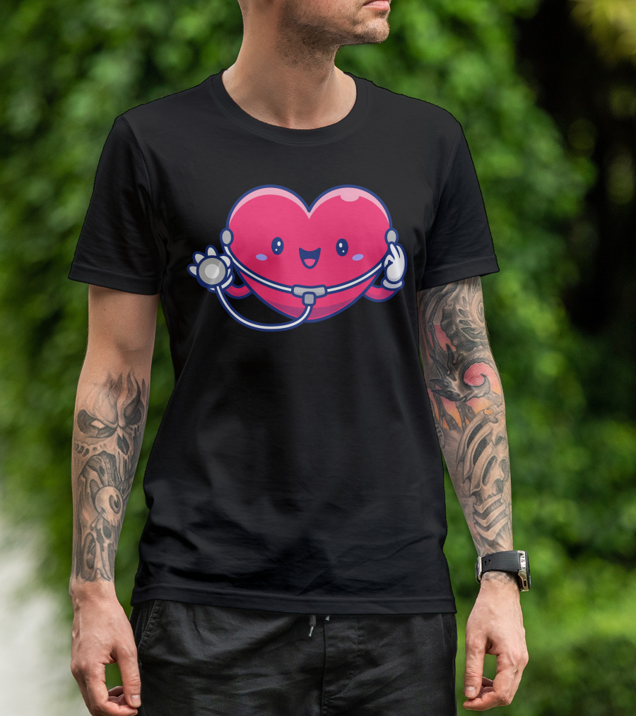 Heart Stethoscope Cartoon Character With Smiling Face T-Shirt