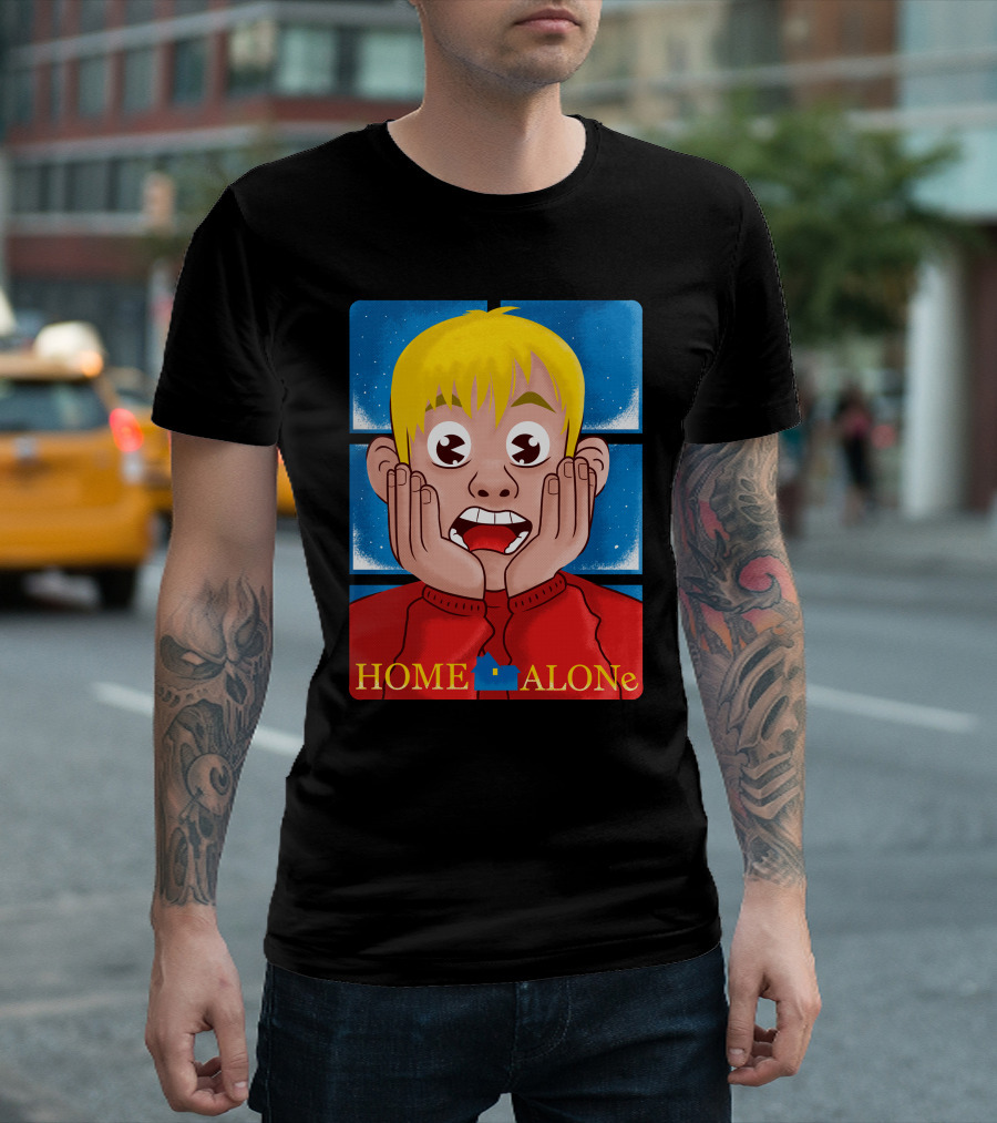 Home Alone Kid Cartoon Surprised Face Hands On Cheeks Yellow Hair Red Sweater Blue Square T-Shirt