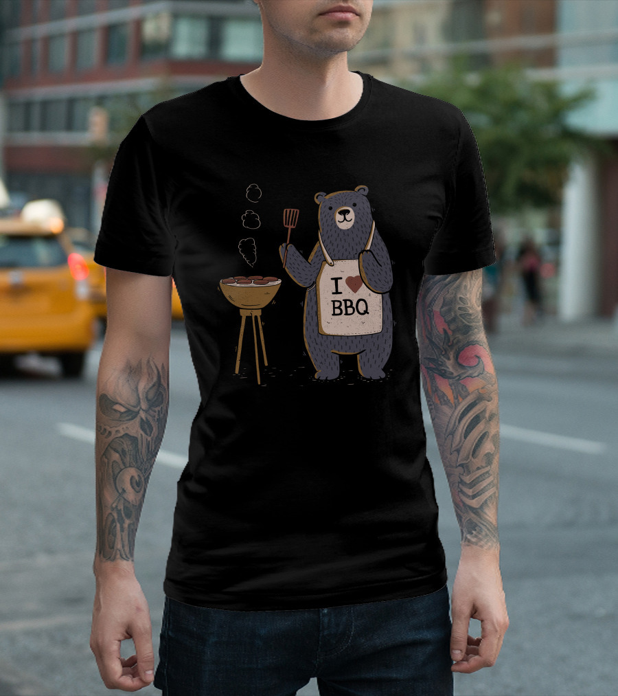 I Love BBQ Bear Grilling with Apron T-Shirt