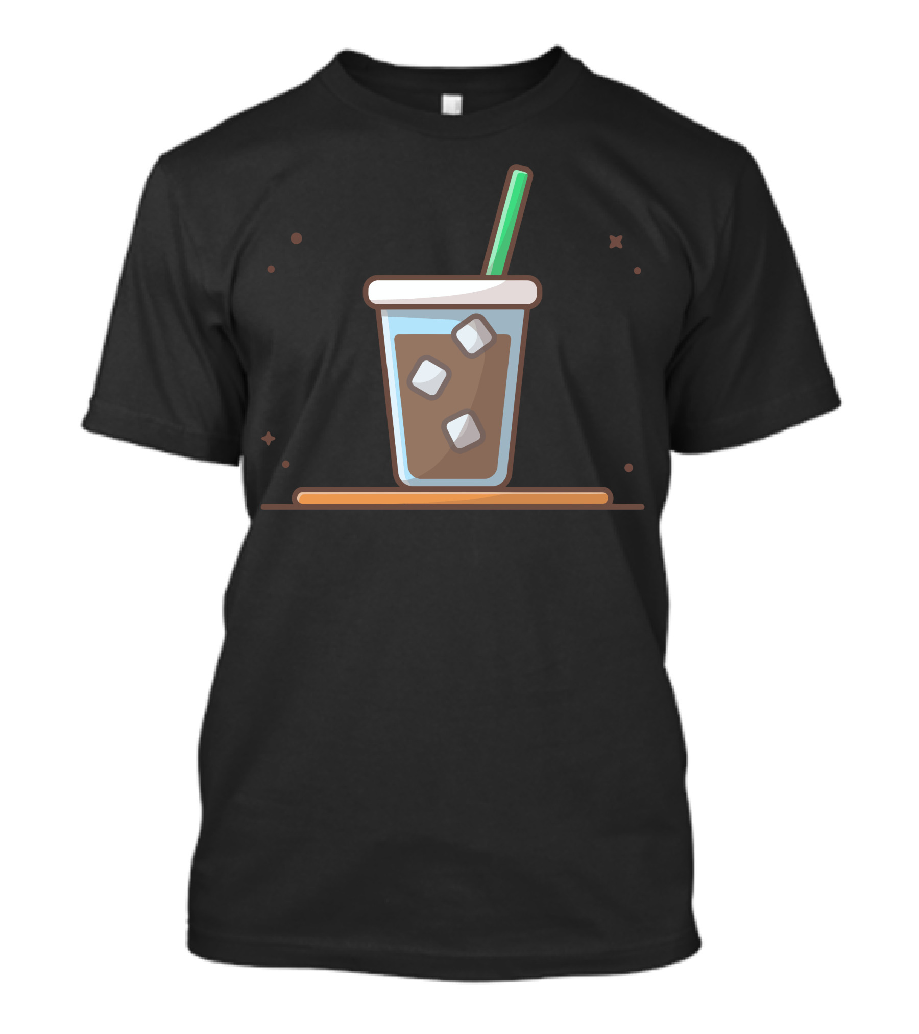 Ice Coffee With Green Straw And Floating Ice Cubes On Table T-Shirt
