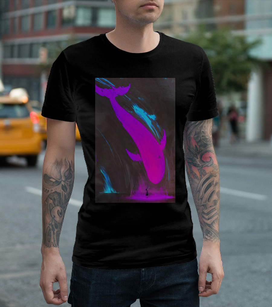Imaginarywhale Enigmatic Purple Whale and Mysterious Figure with Blue Accents T-Shirt