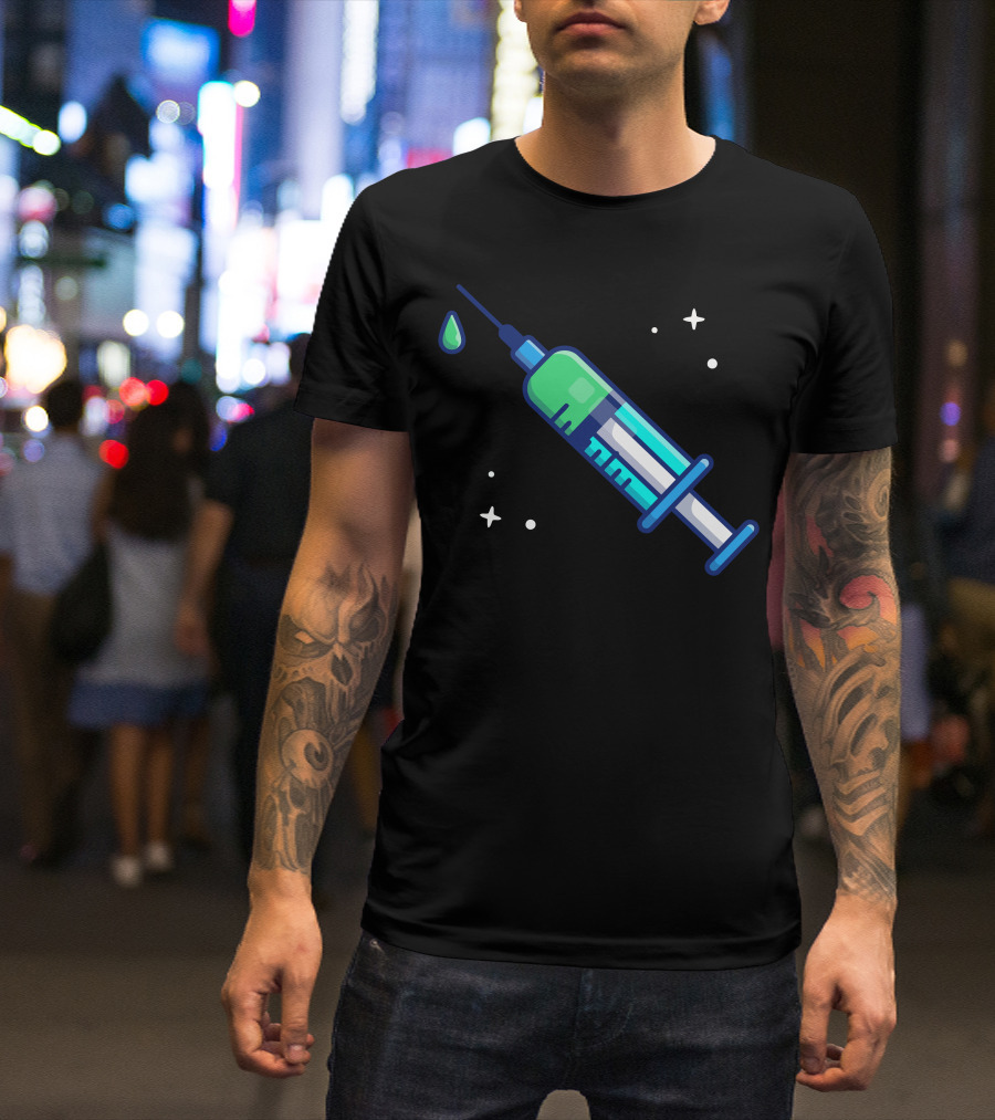 Injection Medical Syringe With Green Liquid And Stars T-Shirt