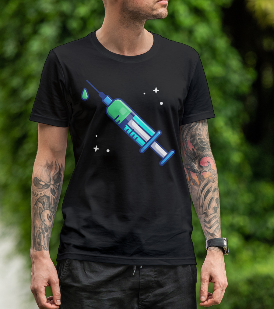 Injection Medical Syringe With Green Liquid And Stars T-Shirt