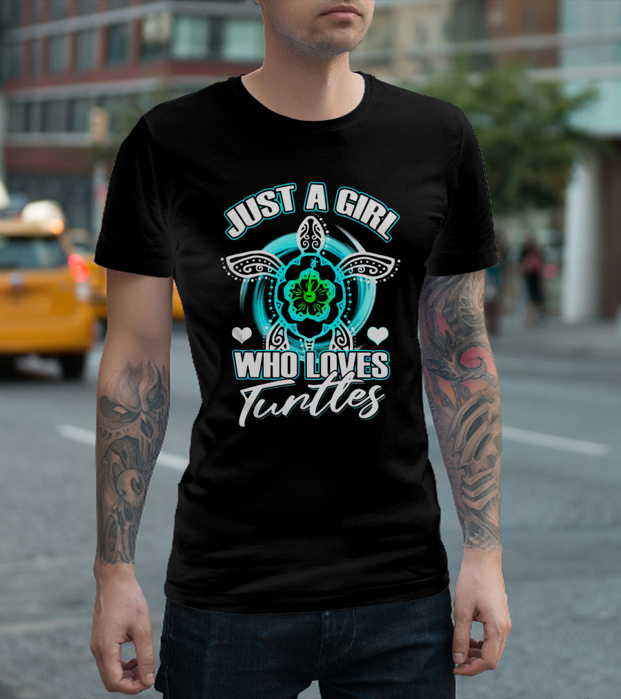JUST A GIRL WHO LOVES TURTLES TURQUOISE MANDALA HEARTS T-Shirt