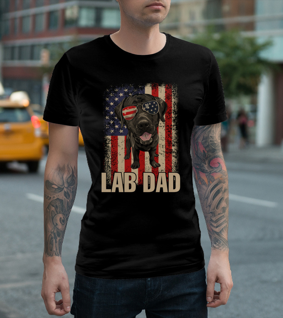 Lab Dad Labrador Retriever Dog American Flag Sunglasses Patriotic T-Shirt