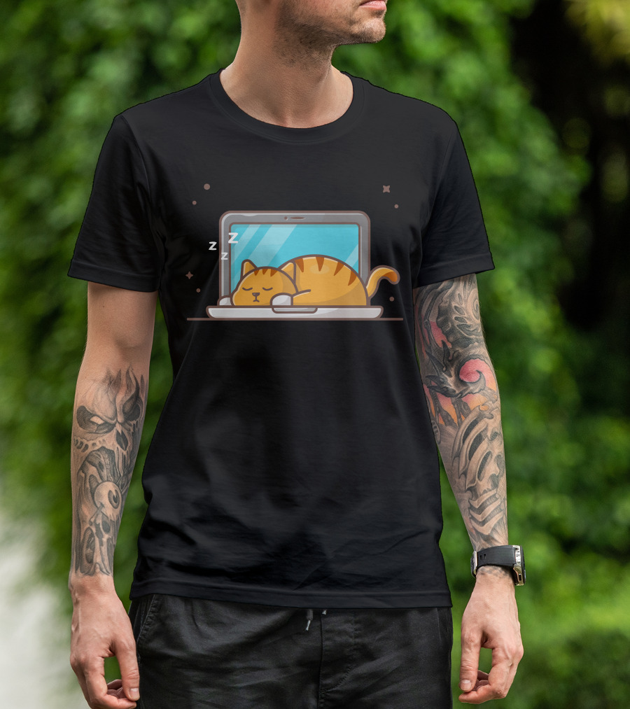 Lazy Cat Sleeping On Laptop With Zzzs T-Shirt