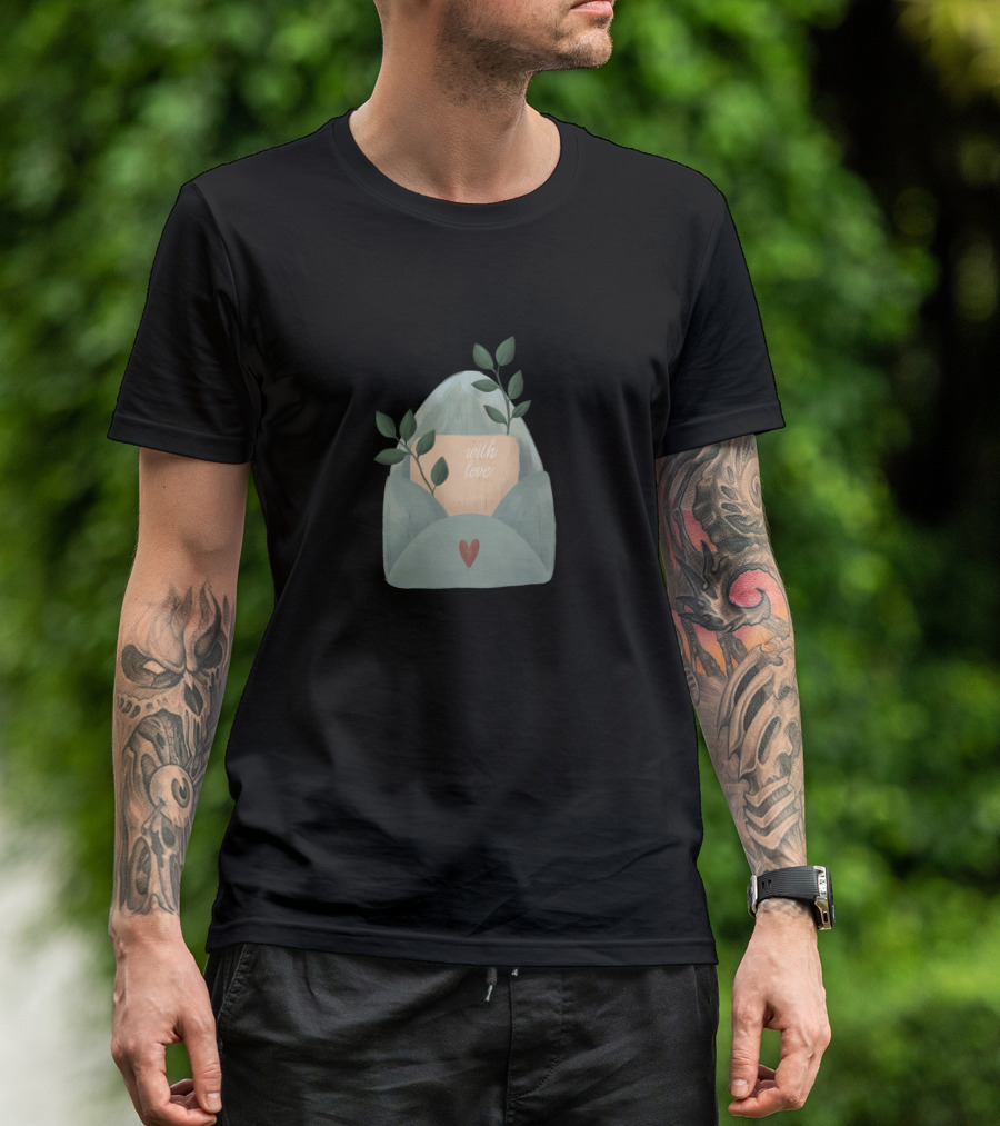 With Love Letter Green Envelope And Heart Leaf T-Shirt