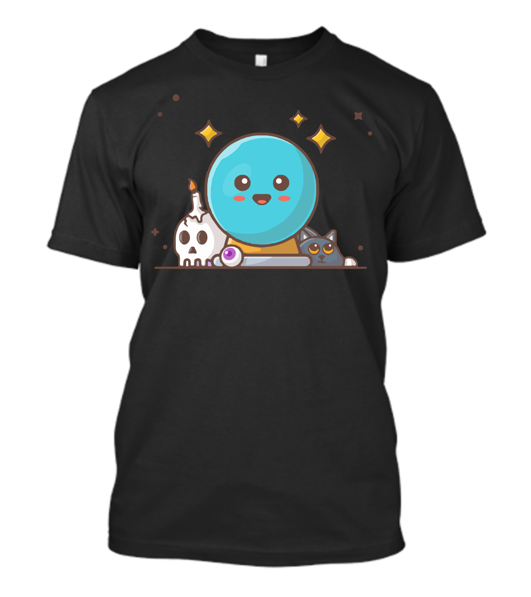 Magic Glass Ball With Skull Candle And Cute Cat T-Shirt