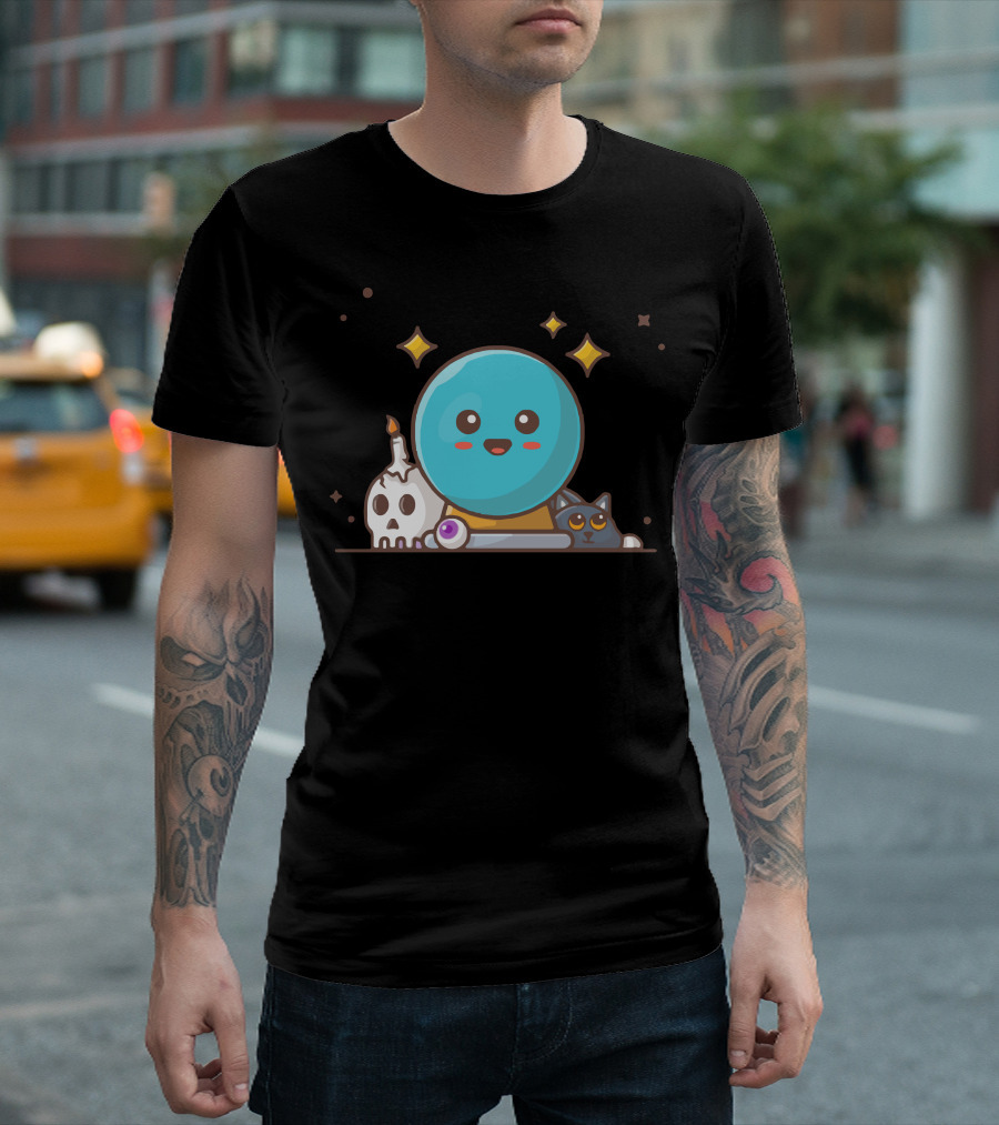 Magic Glass Ball With Skull Candle And Cute Cat T-Shirt
