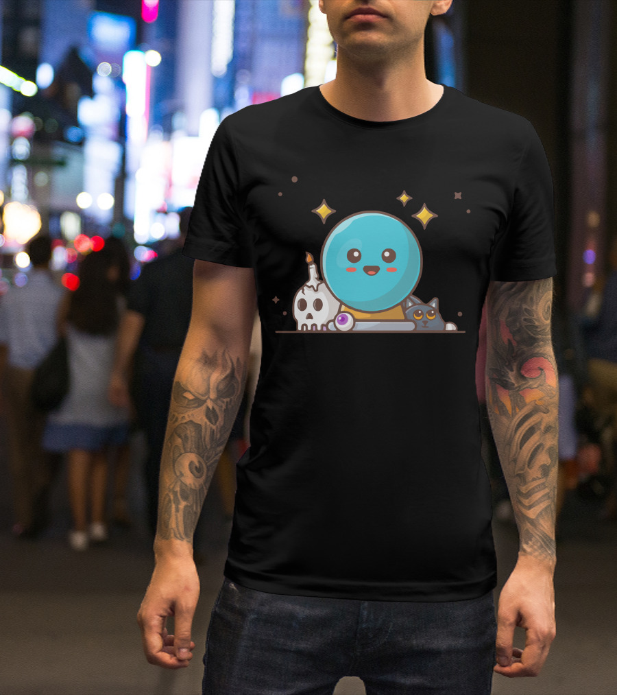 Magic Glass Ball With Skull Candle And Cute Cat T-Shirt
