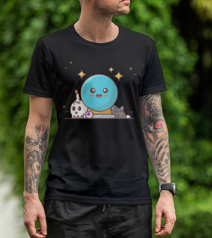 Magic Glass Ball With Skull Candle And Cute Cat T-Shirt