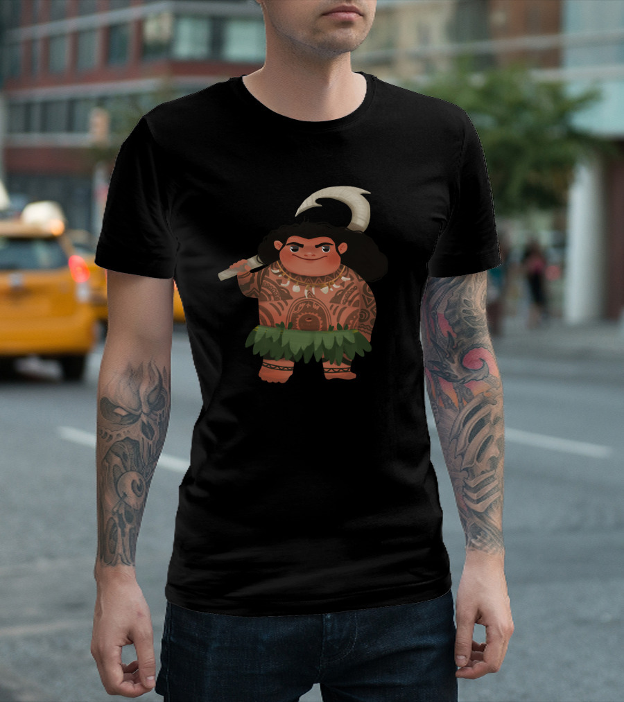 Maui Character Holding Hook with Polynesian Tattoos and Leaf Skirt T-Shirt