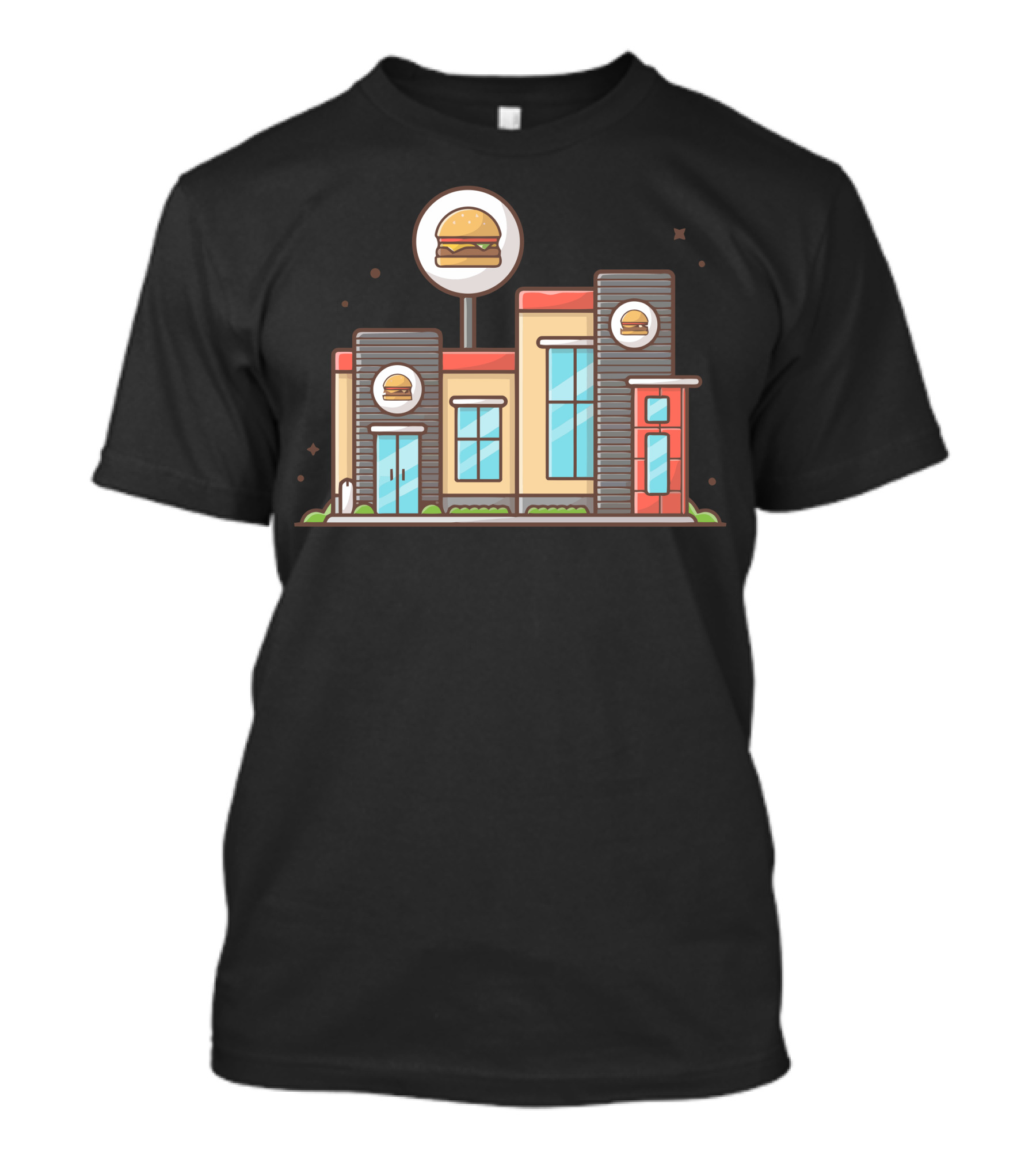 Modern Burger Shop Cartoon Building With Burger Icons T-Shirt