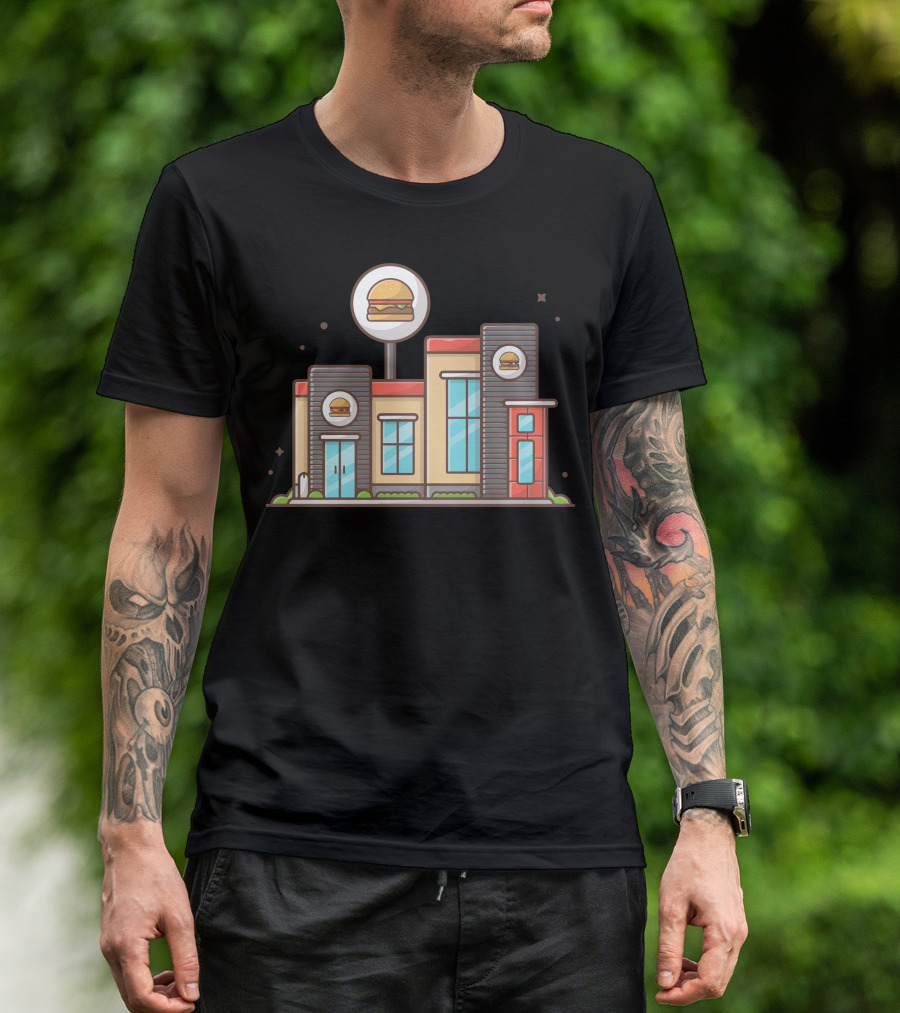 Modern Burger Shop Cartoon Building With Burger Icons T-Shirt