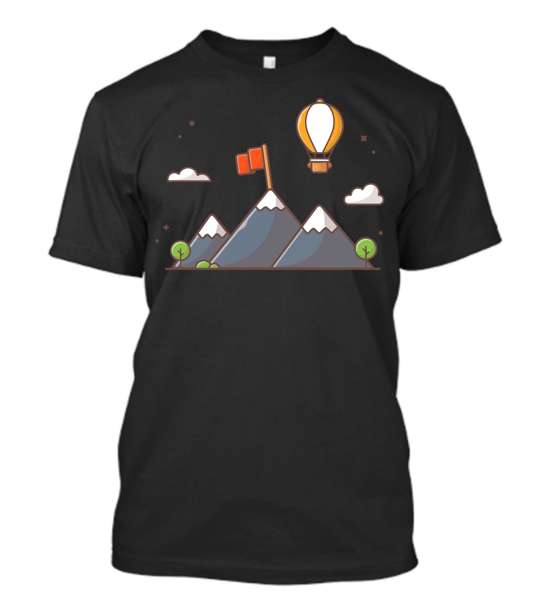 Mountain Landscape With Flag And Hot Air Balloon Scene T-Shirt