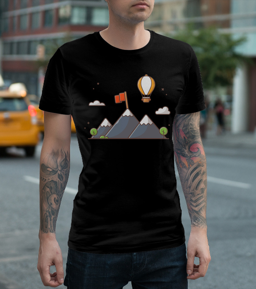 Mountain Landscape With Flag And Hot Air Balloon Scene T-Shirt