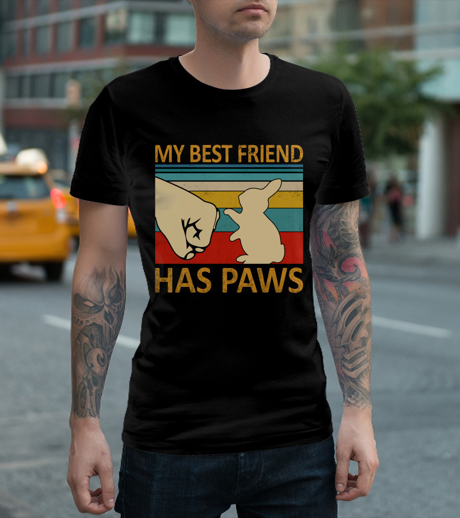 MY BEST FRIEND HAS PAWS BUNNY VINTAGE STRIPES PAW FIST BUMP T-Shirt